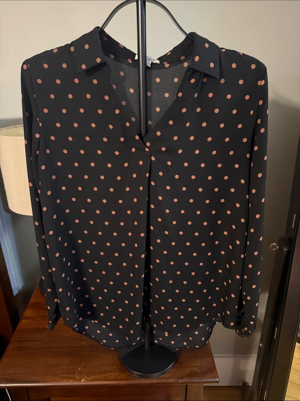 Maurices Black Blouse with Tan Polka Dots